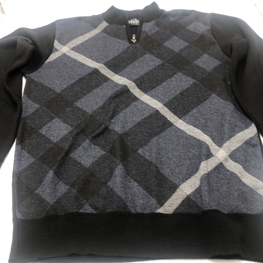 Studio By Omega Pull Over Sweater Black‎ Multi Colored Front Large Chest Zipper